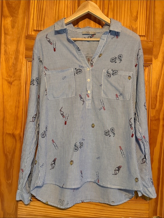 Dalia Tops - Dalia Blue and White Striped Button Down Shirt with Novelty Print